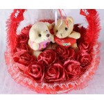 Beautiful Red Basket of Imported Roses with Love Couple Teddy Bears
